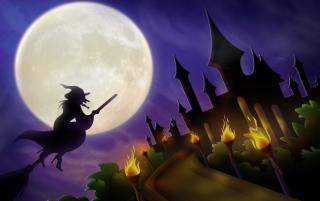 Obrazek: Lecąca czarownica na tle księżyca