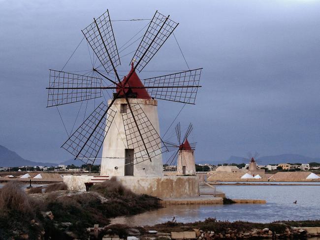 Windmills at Infersa Salt Pans, Marsala, Sicily, Italy